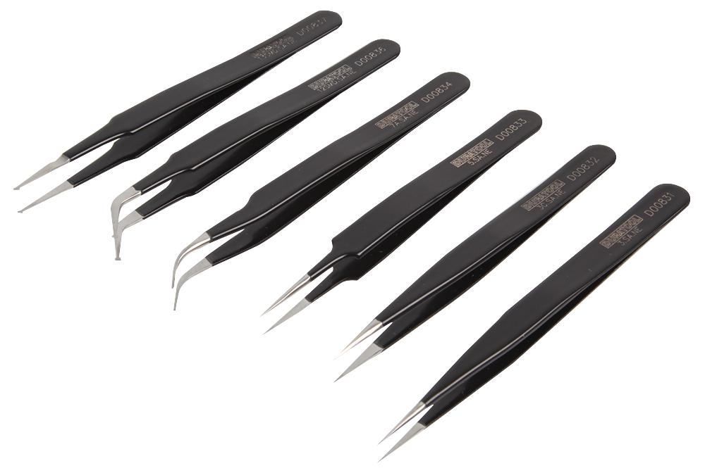 TWEEZERS SET, ESD SAFE, 6PC; Pinzettentyp:ESD, SMD; Pinzettenspitze:-; GesamtlÃ¤nge:-; Pinzettenmaterial:PET (Polyester)/Epoxidbeschichteter Edelstahl